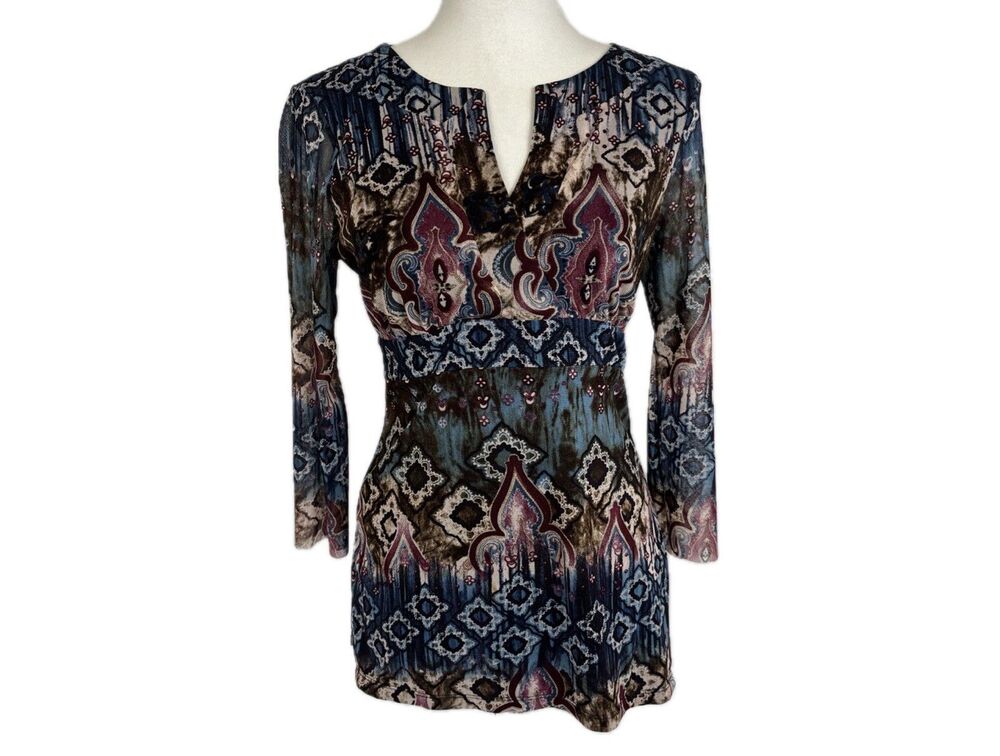 INC Mesh Babydoll Y2K Fairy Moroccan Tile Top Size S Petite Boho 3/4 Sleeve